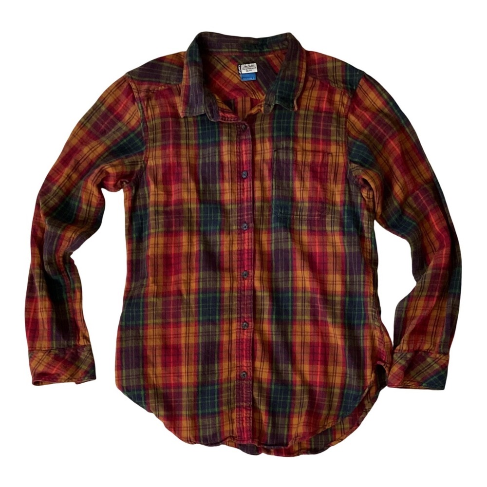 Kavu Womens Plaid Flannel Button Down Shirt Red Orange Green Large Long Sleeve